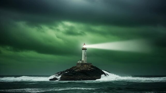 Lighthouse on a rocky island in stormy seas with dramatic sky