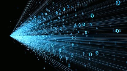 Abstract blue digital numbers and lines stream dynamically from a central point, symbolizing data flow on black - Powered by Adobe