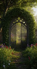 Fototapeta premium Ornate gate opens to lush garden path bathed in sunlight.