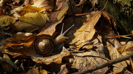 Snail on dry leaves in sunlight