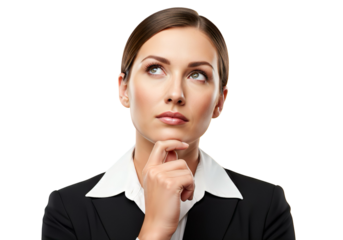 European businesswoman with thoughtful expression, hand on chin, isolated on white background