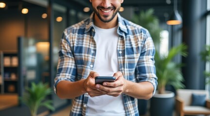 real estate strategy self employed concept. Smiling man using smartphone in modern office space.