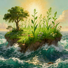 자연, 생명, 환경, 섬, 바다, 햇살, 식물, 성장, 친환경, 풍경, 햇살 아래에서 식물이 자라는 작은 섬의 자연 풍경 일러스트