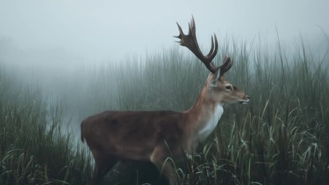 A majestic deer with large antlers stands in tall grass in a foggy marsh