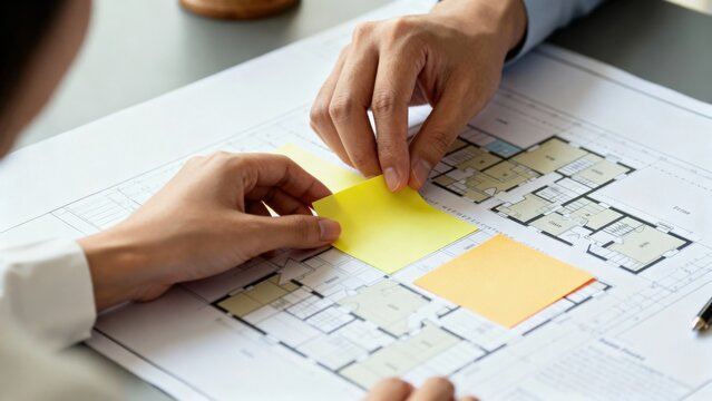 real estate strategy self employed concept. Collaborative planning with sticky notes on architectural blueprints. - Powered by Adobe