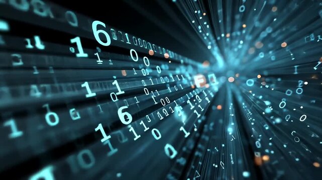 Abstract digital data stream with glowing binary numbers and light particles converging into a bright core