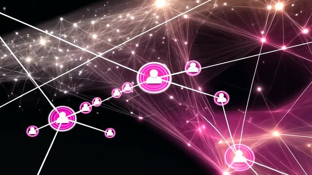 Abstract digital network with pink user icons connected by glowing lines against a dark cosmic web