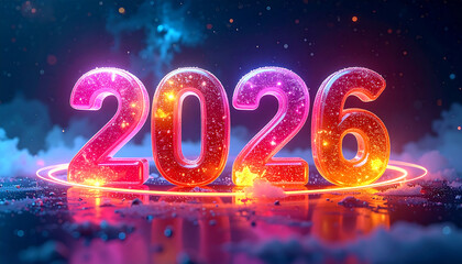 Glowing 2026 numbers with neon light ring and cosmic background.