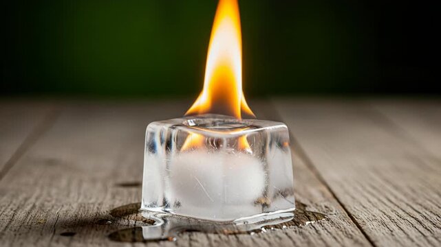 Ice cube with flame burning on top, melting