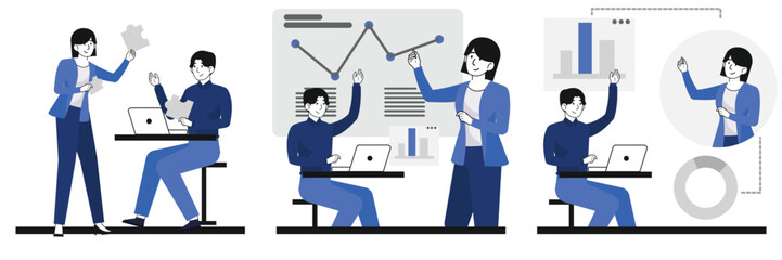 Team of professionals presenting project data and discussing marketing plan together in creative corporate flat vector illustration