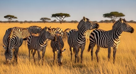 Naklejka premium Stunning zebra herd grazing in golden light at sunset in the African savanna grasslands