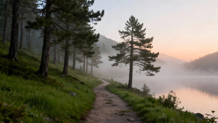 Misty forest lake at sunrise