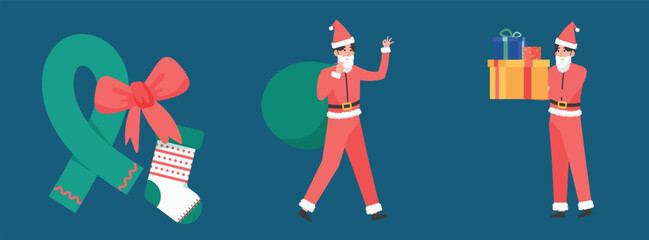 Man carrying Christmas gifts and holiday decorations with festive spirit in colorful flat winter illustration design