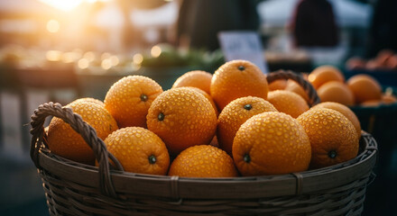 A close-up shot of a basket full of fresh, dew-kissed oranges at a market stall.