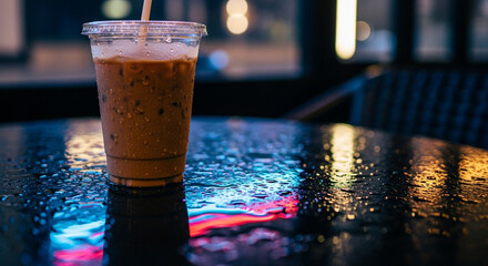 Iced coffee in a plastic cup on a wet table with colorful reflections at night.