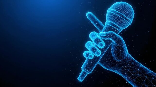 Blue wireframe hand holding a microphone against a dark starry background digital