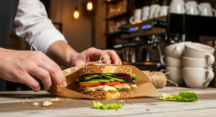 Close-up of a person's hands carefully wrapping a freshly made sandwich in brown paper on a rustic cafe counter, ready for takeout.