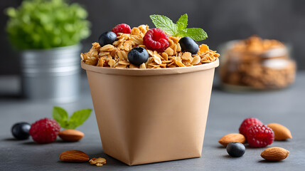 Organic granola eco packaging kraft container fresh berry almond blueberry raspberry mint leaf breakfast healthy snack. Organic granola eco packaging within kraft container topped with fresh berry