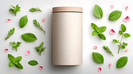 Herbal tea tin organic minimal beige cylindrical wooden lid mint basil rosemary petals calm wellness packaging white background with fresh leaves and soft pink petals, clean studio mockup