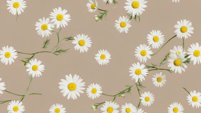 Floral pattern featuring white daisies with yellow centers on a light brown background surface floral patterns backgrounds video