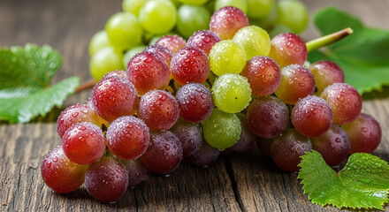 Close-up shot of a bunch of fresh, juicy grapes with varying colors, resting on a wooden surface.