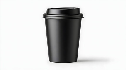 Black coffee cup disposable takeaway lid mockup studio white background minimalist matte plastic single use beverage hot drink to go cafe packaging container blank template modern clean simple