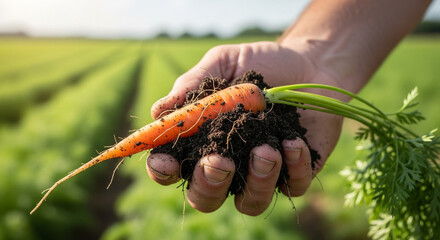 A farmer's hand holding a freshly harvested carrot covered in rich soil from a field.