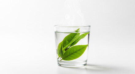 Fresh green tea leaves steeping in a clear glass of hot water, releasing steam.