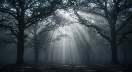 Obraz premium Sunbeams pierce a misty forest with ancient, bare trees.