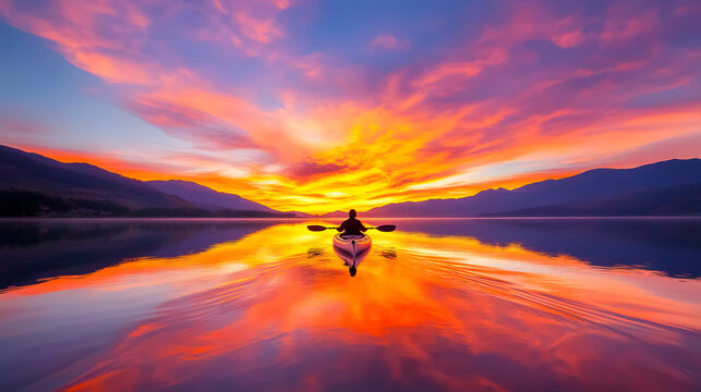 Sunset kayak lake silhouette reflection water paddle sky mountain horizon calm adventure serene nature travel sport outdoor dawn dusk colorful glow dramatic - Powered by Adobe