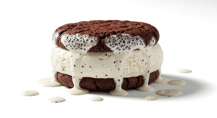 A delicious chocolate cookie ice cream sandwich with vanilla bean filling is melting on a clean white background.
