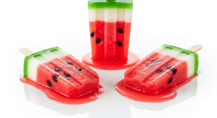 Three refreshing watermelon-shaped popsicles, two melting on a white surface and one standing upright.