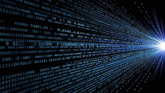 Abstract representation of data flow with blue binary numbers moving across black to a bright light source