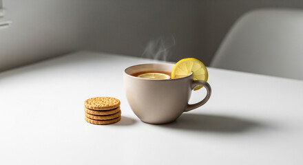 A steaming cup of tea with a lemon slice and a stack of cookies on a white table.