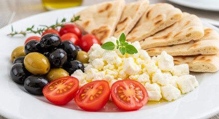 A white plate filled with a delicious Mediterranean mezze featuring olives, feta cheese, cherry tomatoes, and pita bread.