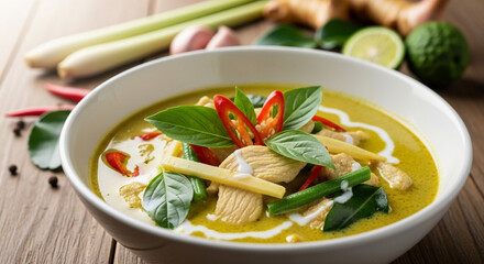 A close-up shot of a delicious Thai green curry with chicken, bamboo shoots, and fresh basil leaves, served in a white bowl on a rustic wooden table with ingredients in the background.