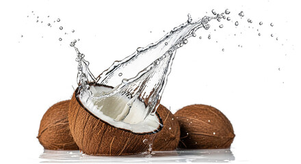 Coconut water splashing out of a cracked coconut with two whole coconuts in the background.
