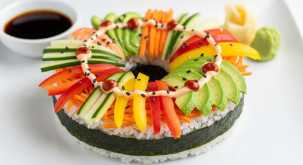 Sushi donut with colorful vegetables and soy sauce on a white plate.