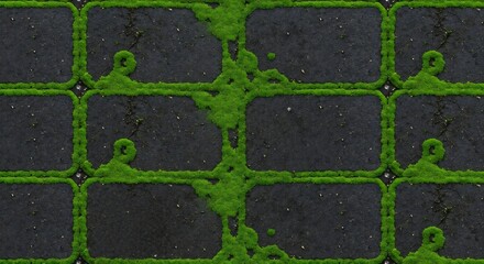 Gray brick pavement with lush green moss growing between the bricks creating a pattern