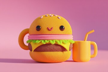 Cute Kawaii Hamburger and Drink Mug Characters.