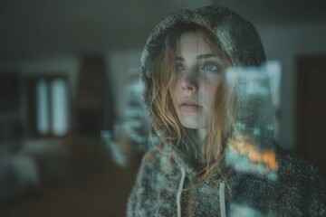 Woman reacting in surprise to holographic smart home interface malfunction as AI system flickers lights on and off, modern interior scene.