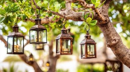 Decorative Lanterns Hanging from Tree Branches in a Garden.