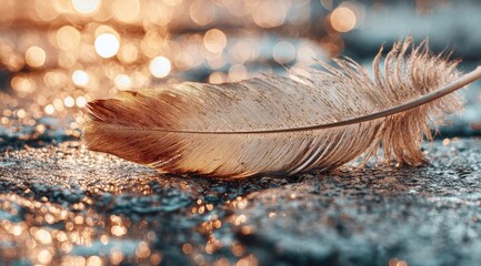 Delicate Feather Resting on Sparkling Surface.