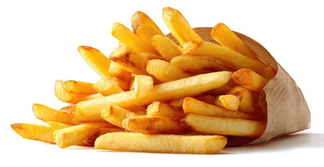 Delicious Golden French Fries in a Paper Bag on White Background.