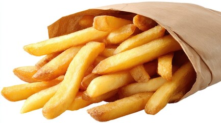 Delicious golden french fries in a paper bag.