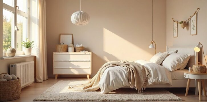 Serene Nursery Room Calming Design for Expectant Parents, Softly Lit and Ready for Babys Arrival. Peaceful Atmosphere, Cozy Textiles, White Furniture.