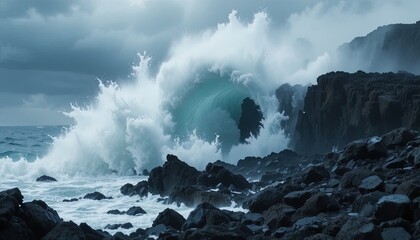 Dramatic ocean wave crashing against rugged cliffs under stormy sky offers a powerful, awe-inspiring scene of nature's raw beauty and coastal drama
