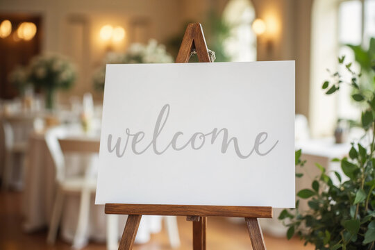 A blank white welcome sign mockup, on an easel during a wedding party. 3d rendering.