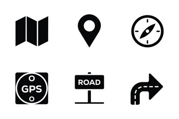 Navigation Vector Icons Set: Map, Location Pin, Compass, GPS, Road Sign, Direction, Travel Exploration