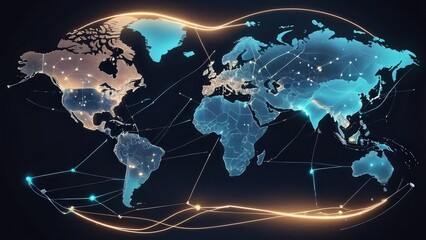 World map with glowing continents and network connections on a dark background illustration